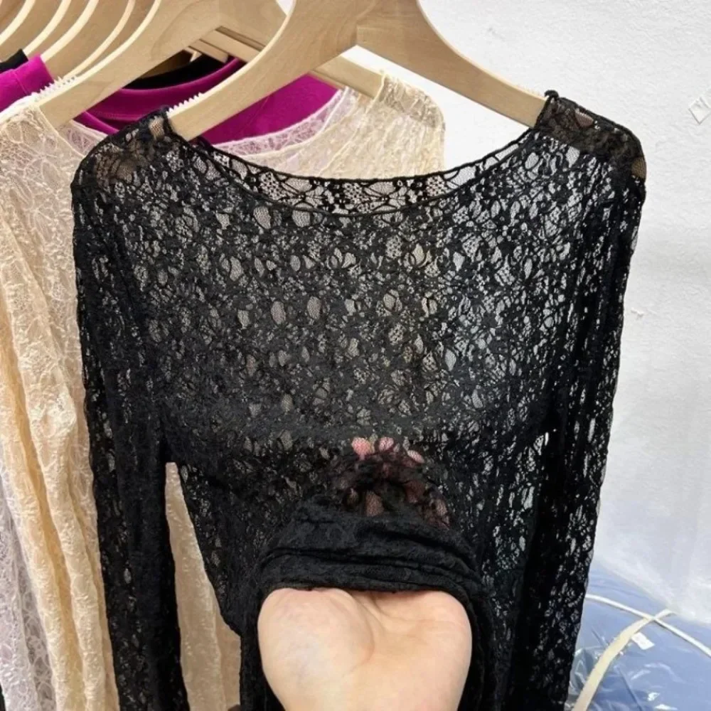 Women Lace Pullover TopS Retro Long Sleeve Round Neck See Through Solid Color Fitted T-Shirts Casual Blouse Streetwear Y2K 2000s