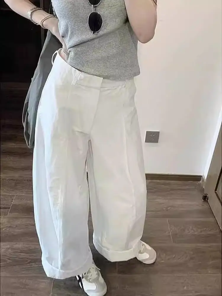 فضفاض مستقيم الساق السراويل الكورية Sle كسول شعور فضفاض الأبيض عمال بنطال ذو قصة أرجل واسعة صيف 2025 بناطيل كاجوال
