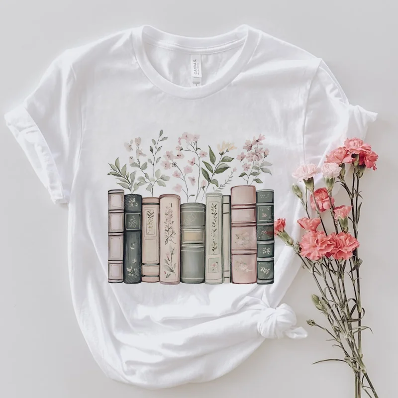 

Harajuku Retro Women's T-Shirt Book Flower Pattern Print Fashion Pattern 90s Top Casual Short Sleeved Street Versatile T-Shirt