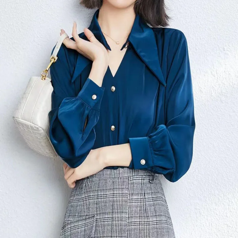 Fashion Chic Turn-down Collar Long Sleeve Blouse Female Clothing 2023 Spring New Korean Solid Color Elegant OL Button Shirts