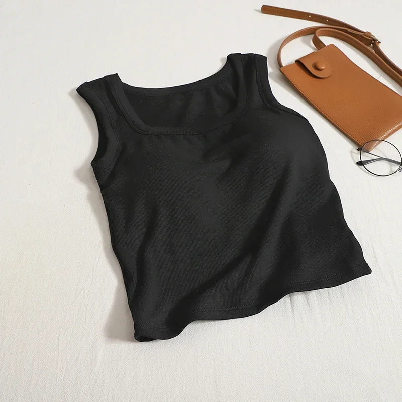 

Women Sleeveless O-Neck Basic Cotton Slim Elastic Tank Tops With Bra Pad Solid Casual Crop Tops Versatile Knit Camis Summer