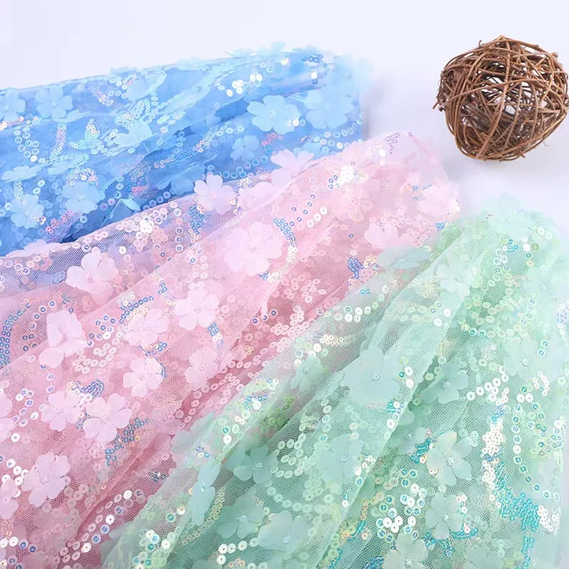 1yard Pink Crystal Sequins Mesh Gauze Beautiful Flower Style Creative Embroidery Dress Wedding Dress Background Designer Fabric