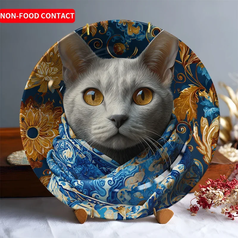 1pc Art Deco Ceramic Decorative Plate - Round Non-Food Contact Wall Art Display with Yellow-Eyed Cat in Blue Scarf Design,