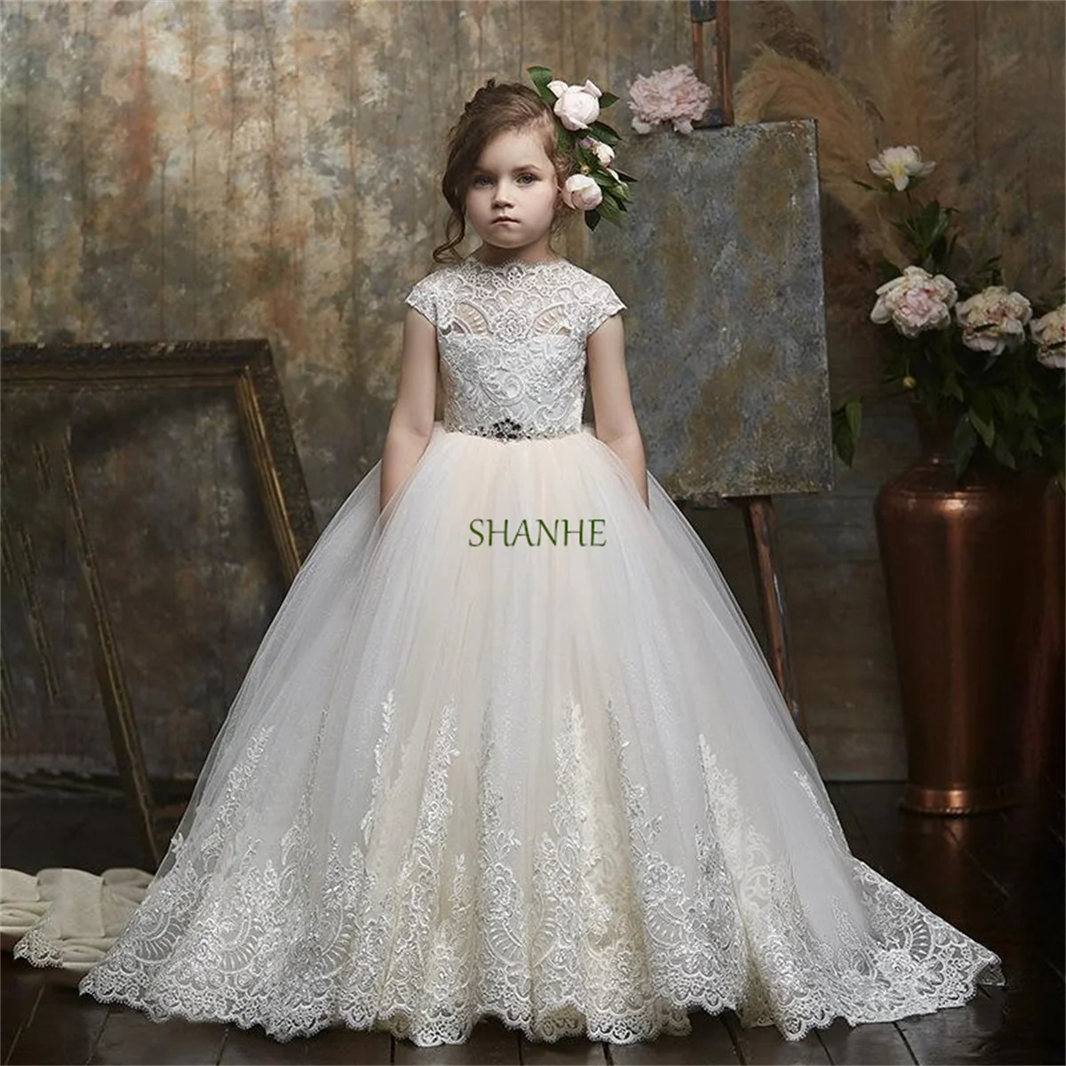 Customized Flower Girl' Dresses for Weddings Appliques Lace Floor Length Girls Pageant Kids Formal Wear Party Gown First Communi