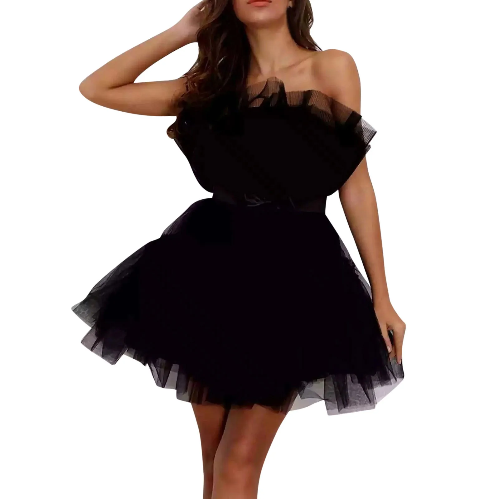 Women Sleeveless Tulle Tutu Princess Dresses Solid Black Pink Off Shoulder Mesh Ruffle Layers Wedding Party Prom Mini Dress Robe