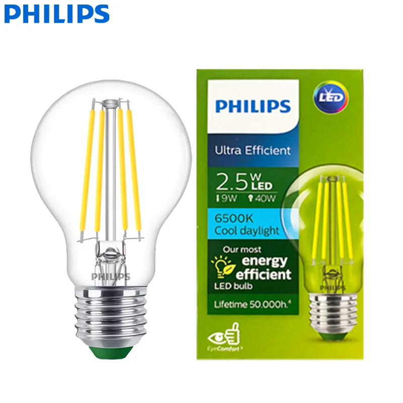 PHILIPS Ultra Efficient LED Filament Bulb Clear A60 E27 6500K Edison Screw 2.5W Lamp Classic Glass LED White Color Energy Saving