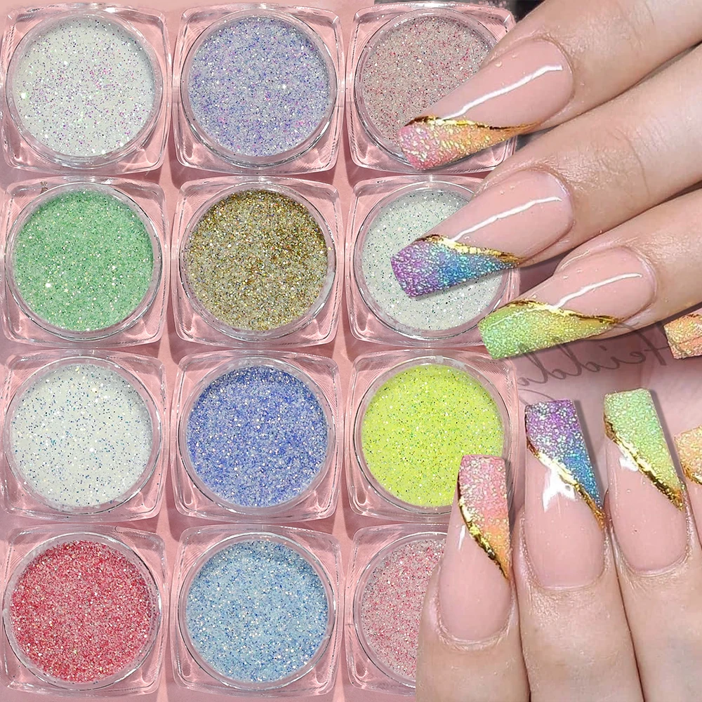 12Jars Sea Salt Powder Nail Sugar Glitter Shiny Crystal Diamond Nail Art Chrome Pigment Holographic Flash Sugar Powder for Nails