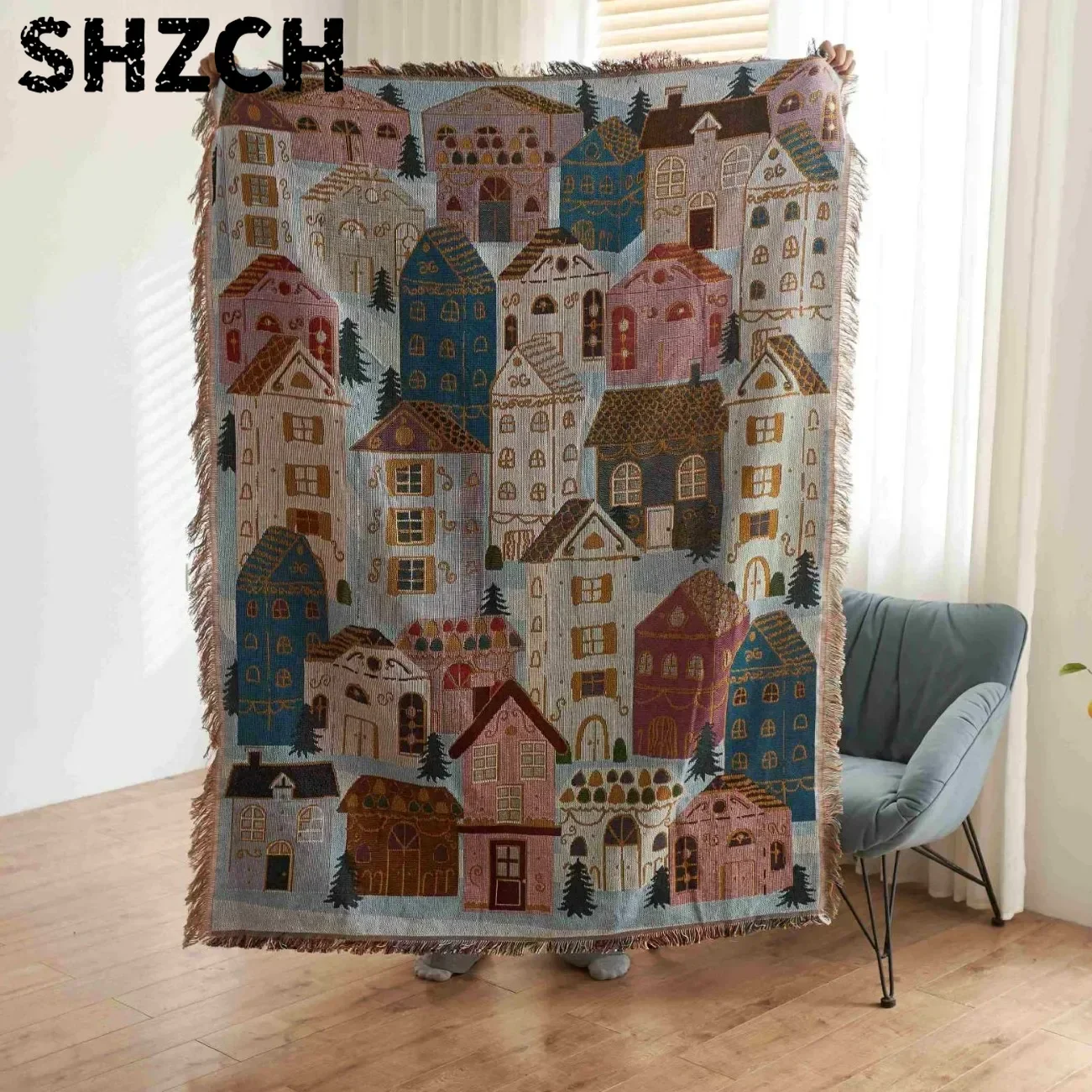 Whimsical Winter Village Jacquard Throw Blanket Cute Fairy Tale Town House Woven Tapestry Bohemian Christmas Cottage Fringe