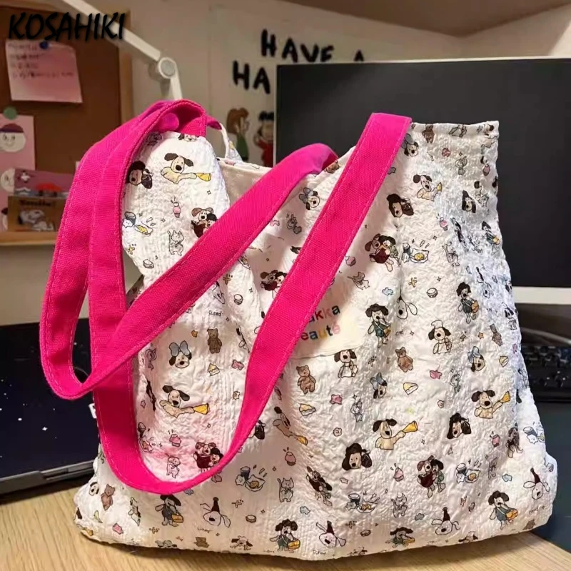 

Sweet Kawaii Dog Print Canvas Underarm Bag High-capacity Cartoon Harajuku Shoulder Handbags Trendy Women Tote Bags Y2k Aesthetic