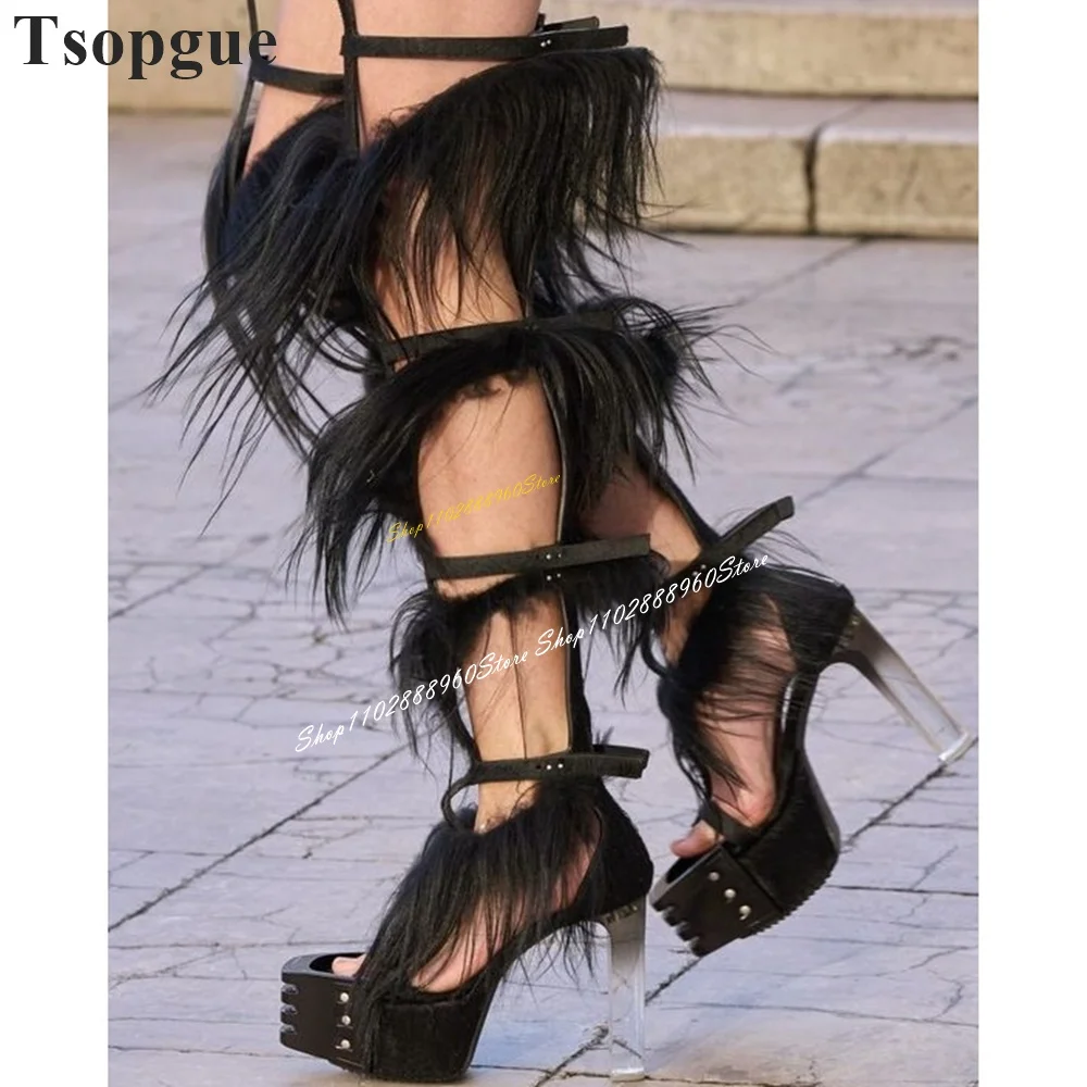 Sopra il ginocchio nero T Strap sandali con plateau in pelliccia tacco alto scarpe da donna cinturino con fibbia Open Toe 2024 Zapatos Para Mujere