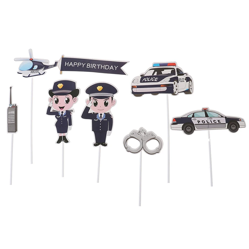 PRECUT Cartoon Police Car Plane Handcuffs Birthday Cupcake Toppers Decorations view 4