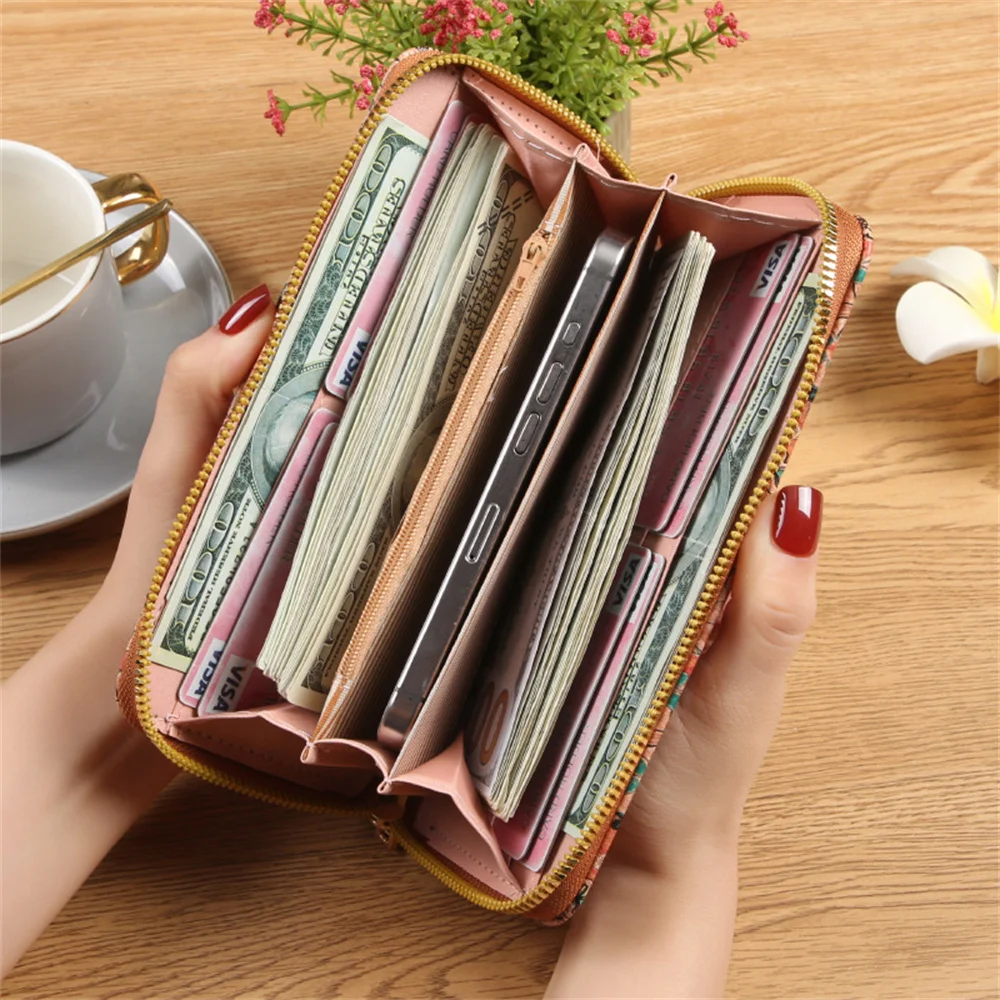 Multi Card Slot Wallet Eco-Friendly Pu Leather Wallet Zipper Coin Purse Multi-Functional Wood Grain Wallet For Travel Women'S