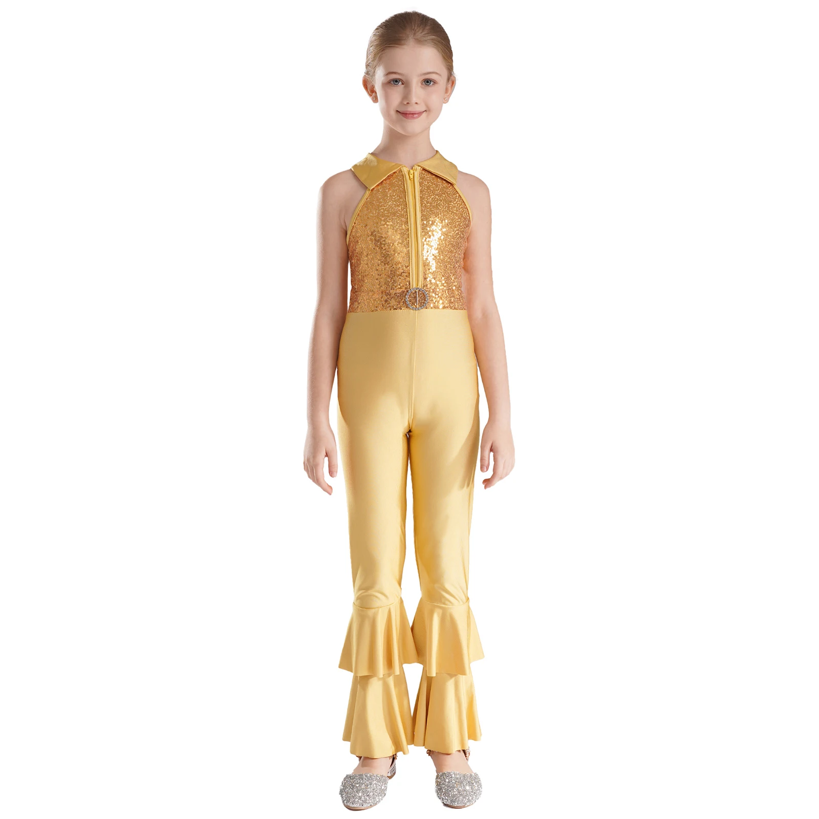 Kids Girls Ballroom Jazz Dance Costumes Shiny Sequins Leotard Bell Bottom Jumpsuit Long Flared Pants Stage Performance Dancewear