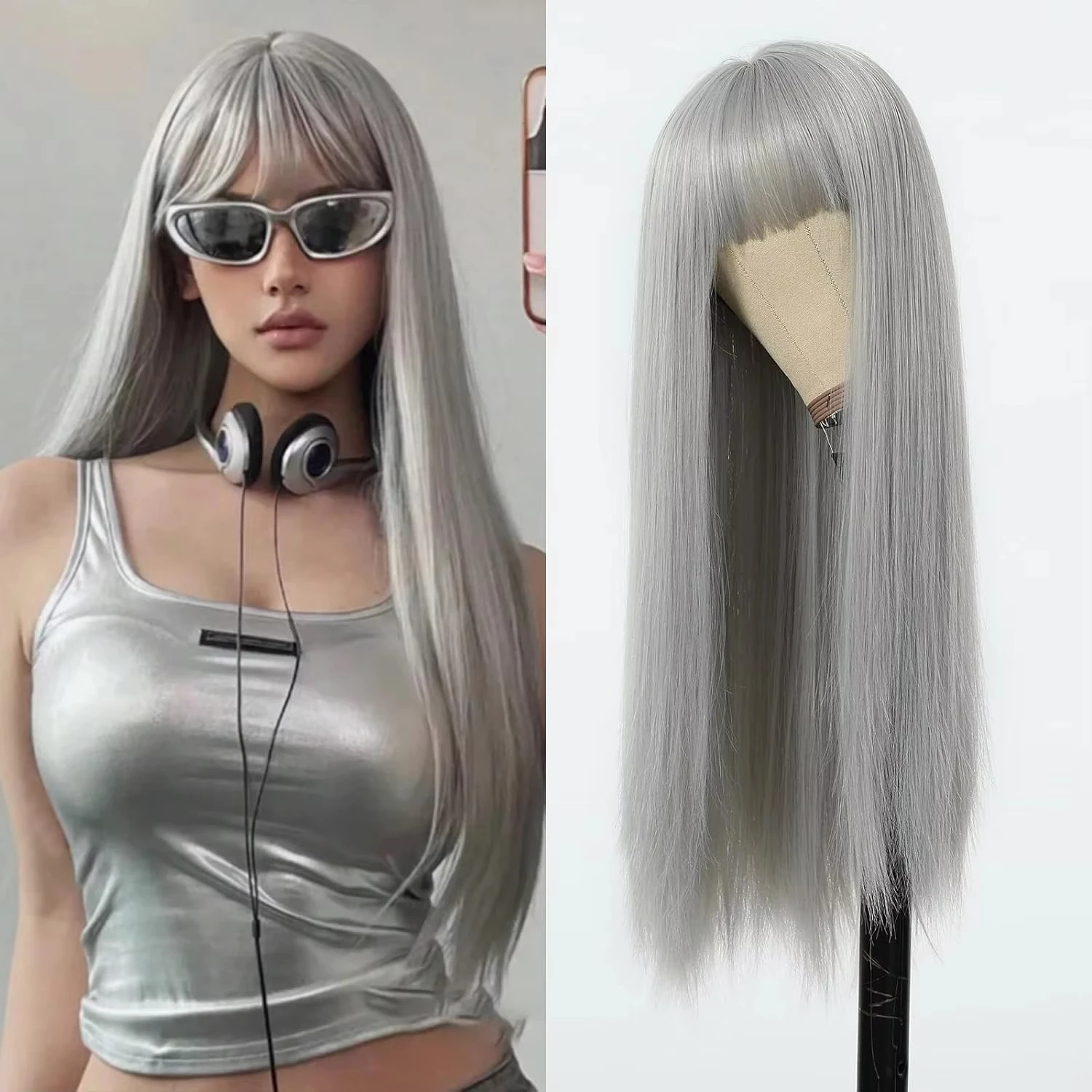 Long Straight Hair Grandma Gray Synthetic Wig Halloween Party Cosplay Everyday Wig Hot Wire Wig Headband