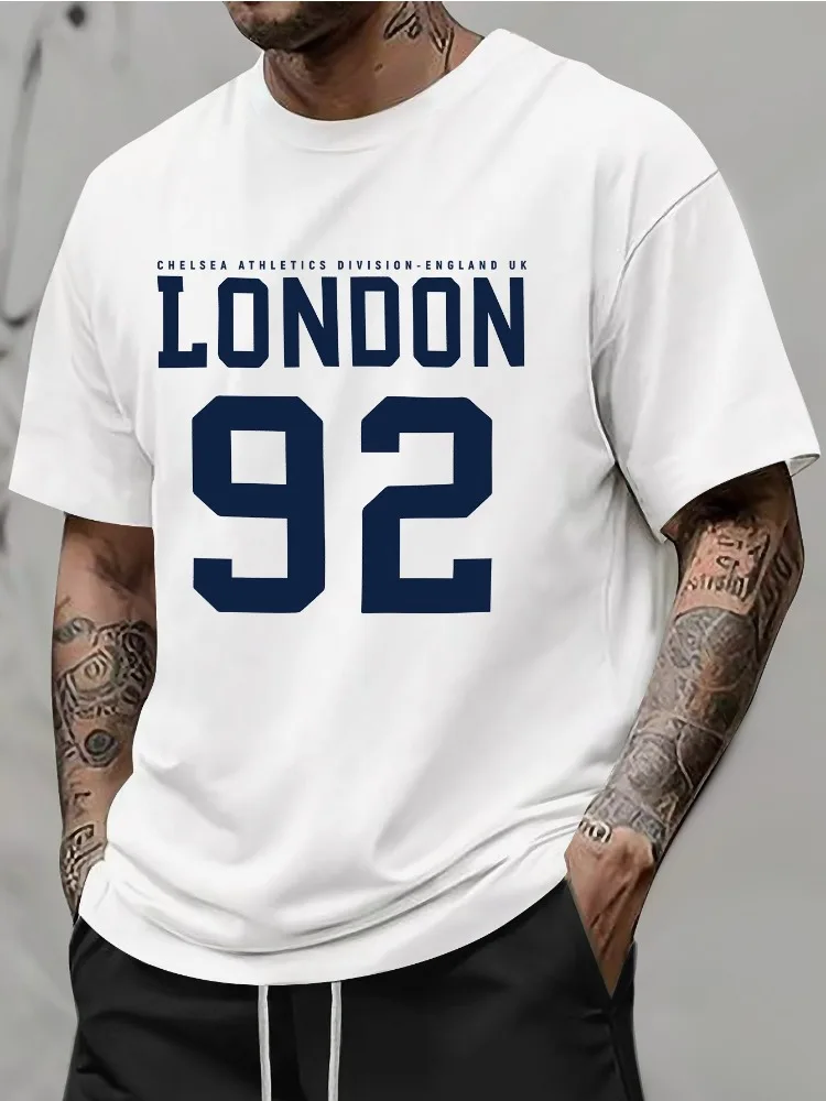 Men Summer Light Blue Crew Neck Tee LONDON 92 Print Casual Short Sleeve Daily Basic Athletic Chelsea UK Fashion T Shirt