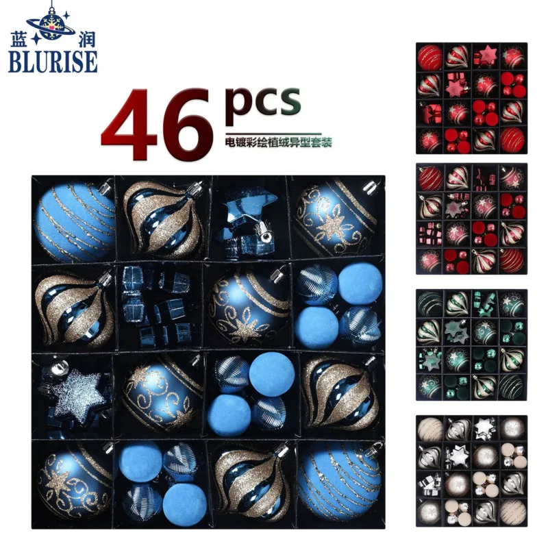 46Pcs Christmas Tree Ornaments Set, Flocked Baubles Glitter Ball Hanging, Decorations For Xmas Party Home, Holiday Gift Blue Red