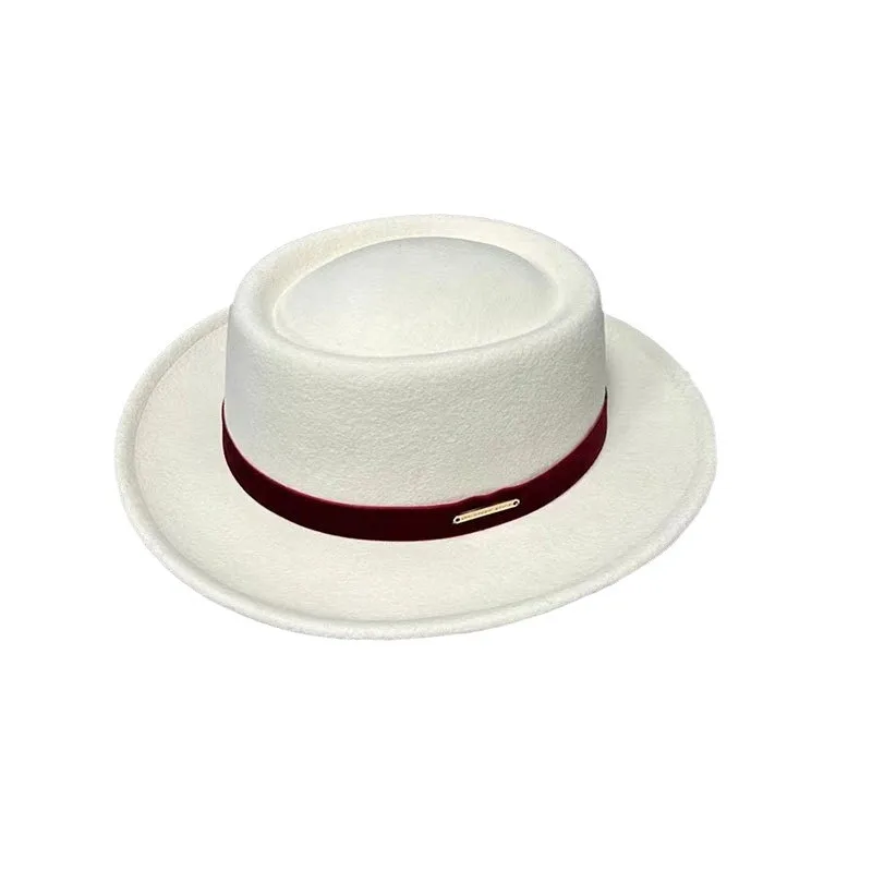 White Concave Top Hat Female Autumn And Winter French Elegant British Retro Fashion Pure Wool Wide Flat Brim Jazz Hat