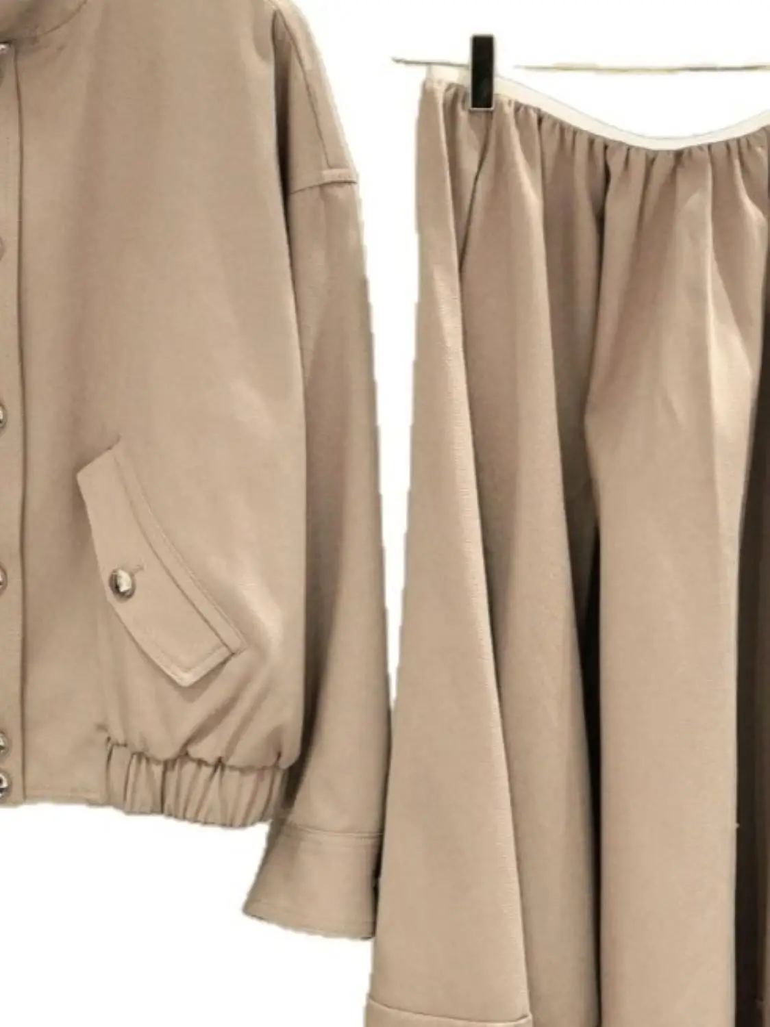 

Spring/Fall Women Stand Collar Long Sleeve Set Single Breasted Loose Jacket + High Waist A-Line Fashion Casual Maxi Skirt