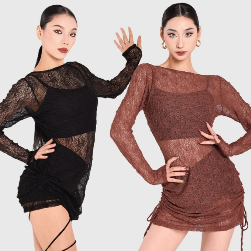 

New Latin dance performance costume long sleeved slimming dress+vest+shorts 3pcs for adult women's Latin practice clothes