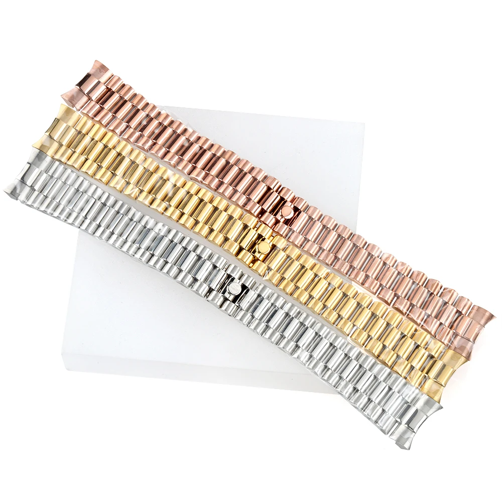 20mm Width Gold/Silver Presidential Solid Bracelet 316L Stainless Steel Folding Buckle for Submariner Log NH35 NH36 Watch Case