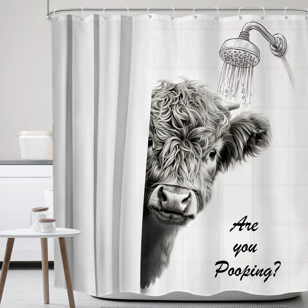 Funny Cow Shower Curtain With Hooks，Western Highland Cow Farmhouse Farm Animal Bull Cattle Cute Fun Rustic Bathroom Curtain