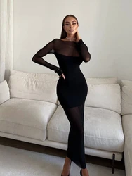 Ahagaga Sexy Mesh Women's Maxi Dresses See Through O-Neck Solid Fashion Slim Regular Long Sleeves Bodycon Party Vestidos Robes