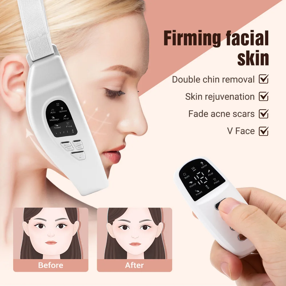 Multifunctional V Face Slimming Device Double Chin V Shape Lift Belt Hot Compress Face Vibration Massager With Remote Control