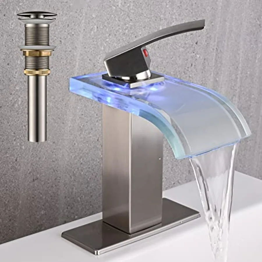 

LED bathroom sink faucet in brushed nickel for modern vanity waterfall spout single-hole installation metal pop-up drain dual w