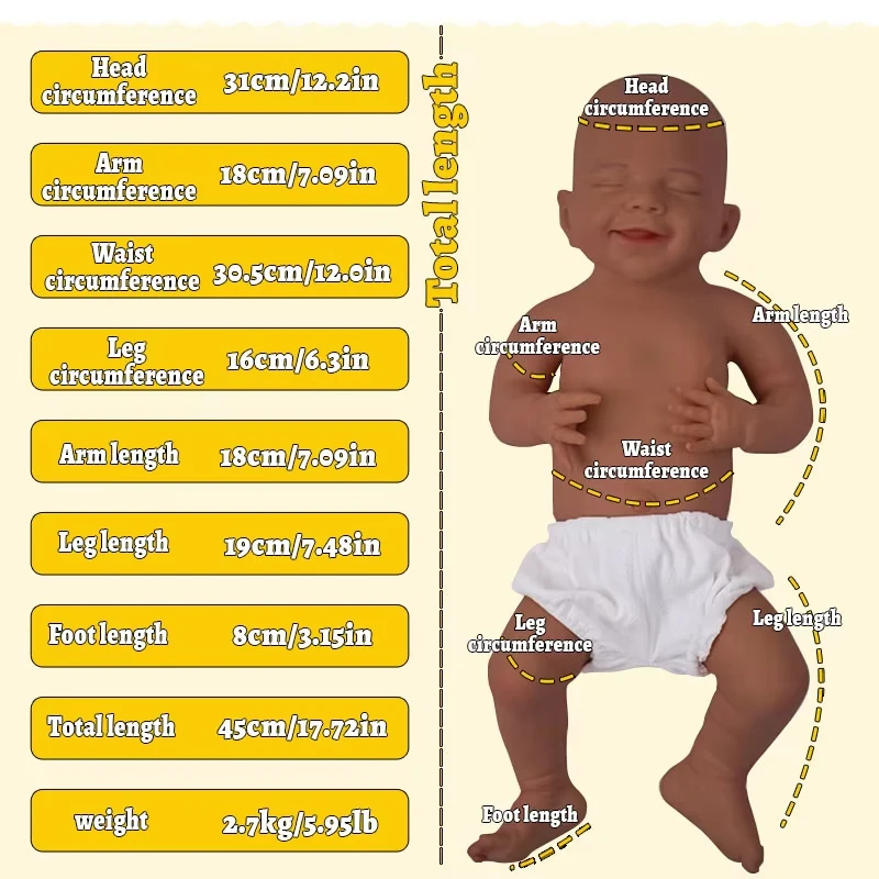 Boneca bebê reborn de silicone de corpo inteiro-45cm 2.7kg ponderada toda em silicone de platina boneca recém-nascida realista boneca de bebê da vida real com c