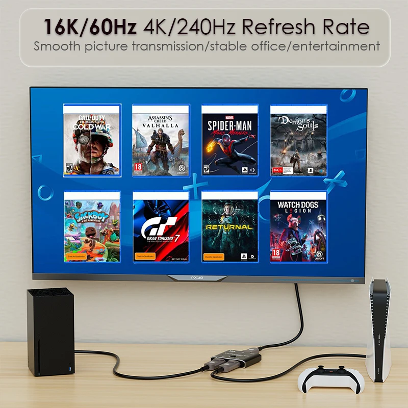 1x2/2x1 محول Displayport 16K DP ثنائي الاتجاه الفاصل 2 في 1 خارج منفذ العرض فيديو 8K/120 هرتز 4K/240 هرتز لعبة PS4/5 Xbox PC
