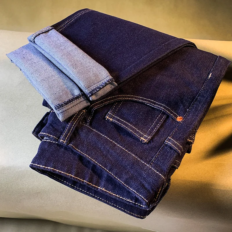 جينز فضفاض مستقيم اللون للرجال ، خريف 2025 عصري مغسول غير رسمي أزرق داكن الراقية سراويل رجالية
