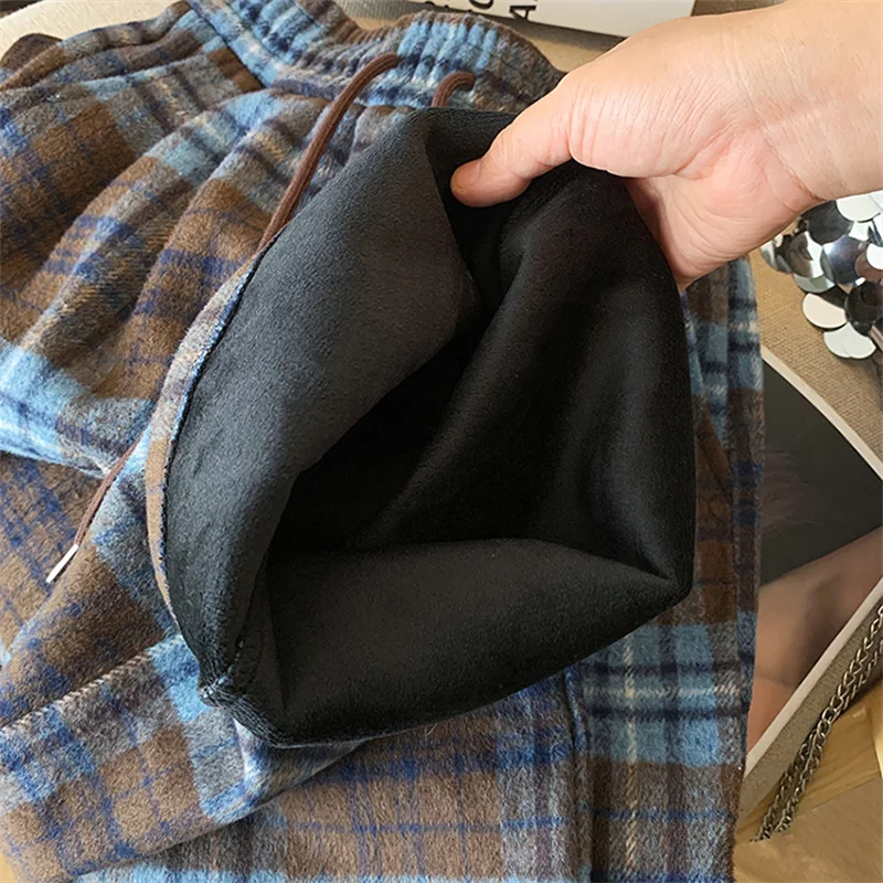Plaid Wolle Breite Bein Hosen frauen Herbst Winter Plüsch Verdickt Gut Aussehende Casual Vielseitig Lose Elastische Taille Hosen Weibliche