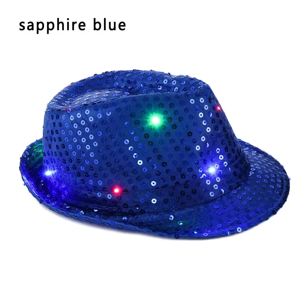Stage Performance Flashing Light Up Led Fedora Trilby Jazz Hat Panama Cap Sequin