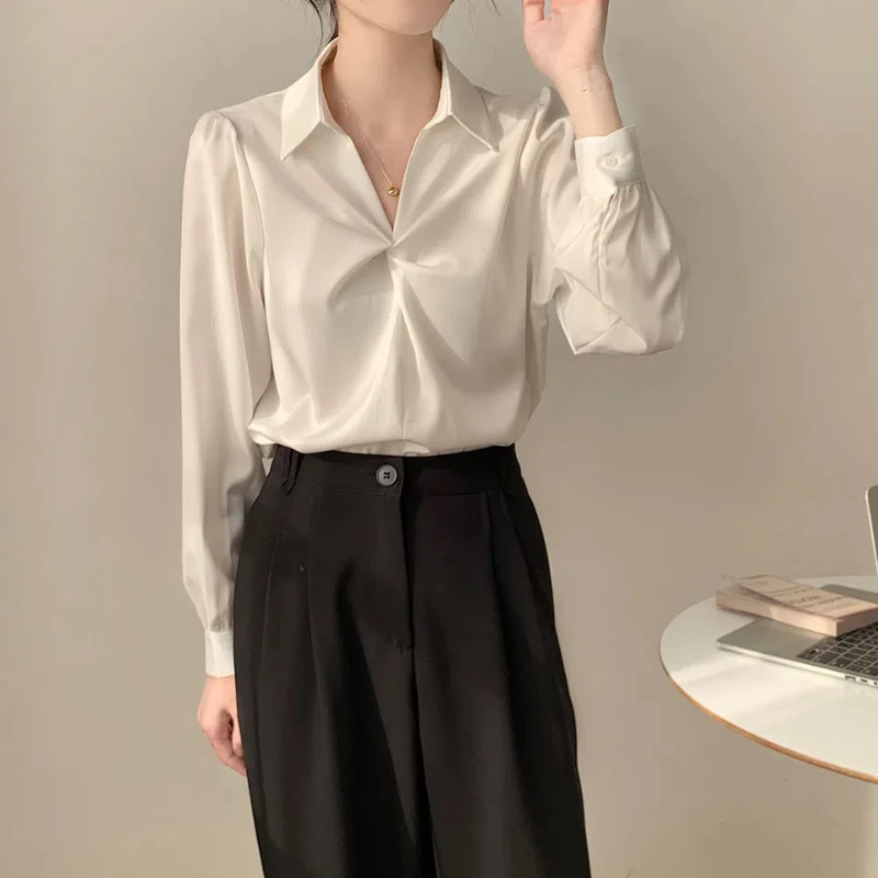 Korean Chiffon Pleated Shirt Tops Spring New Long Sleeve Polo Neck Loose Solid Color Fashion Blouse Vintage Office Women Clothes