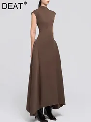 DEAT 2024 Autumn Women's Elegant Dress Asymmetrical Sleeveless Slim Waist Pleated Big Swing Women's Female Dresses New 35Z870