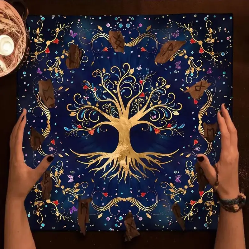 Tarot Altar Cloth Dark Blue Gold Foil Tree of Life Runes Nordic Witchcraft Divination Mat for Wicca Spiritual Ritual Home Decor