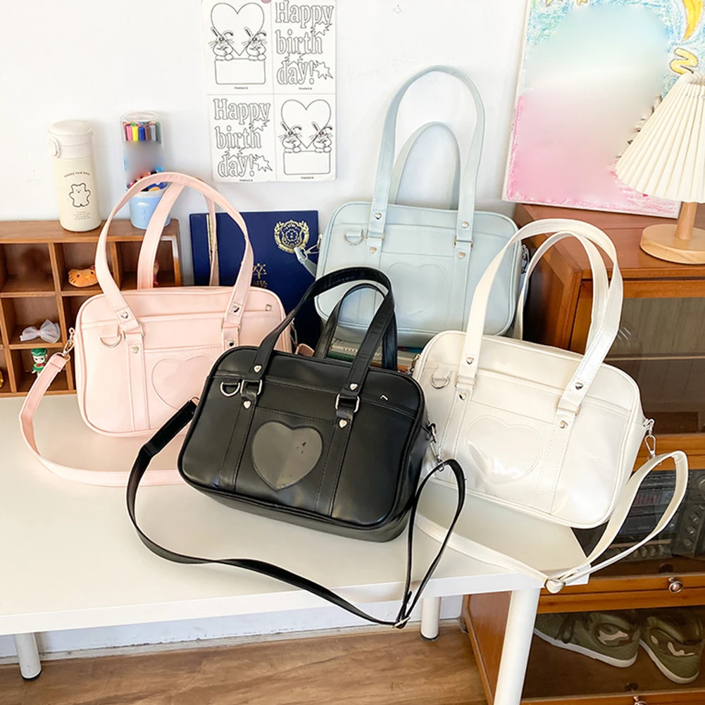 

Women Girls Cosplay Satchels Large Capacity PU Comic Shoulder Bag Transparent Love Heart Adjustable Strap for Shopping Commuting