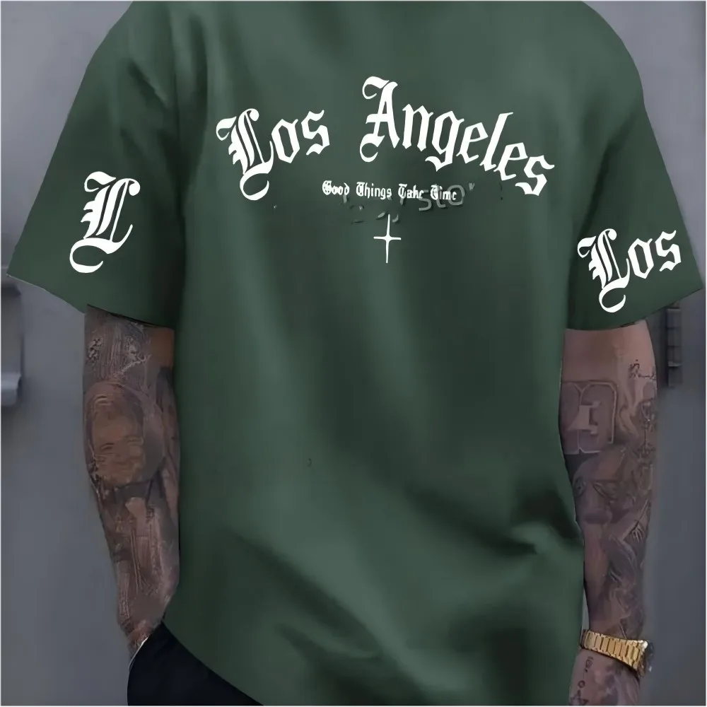 Fashionable American men's summer Gothic Los Angeles letter print micro elastic breathable round neck T-shirt outdoor casual top