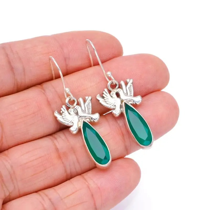 

StarGems Natural Chrysoprase&Pigeon Handmade 925 Sterling Silver Earrings 1 1/2" F6750