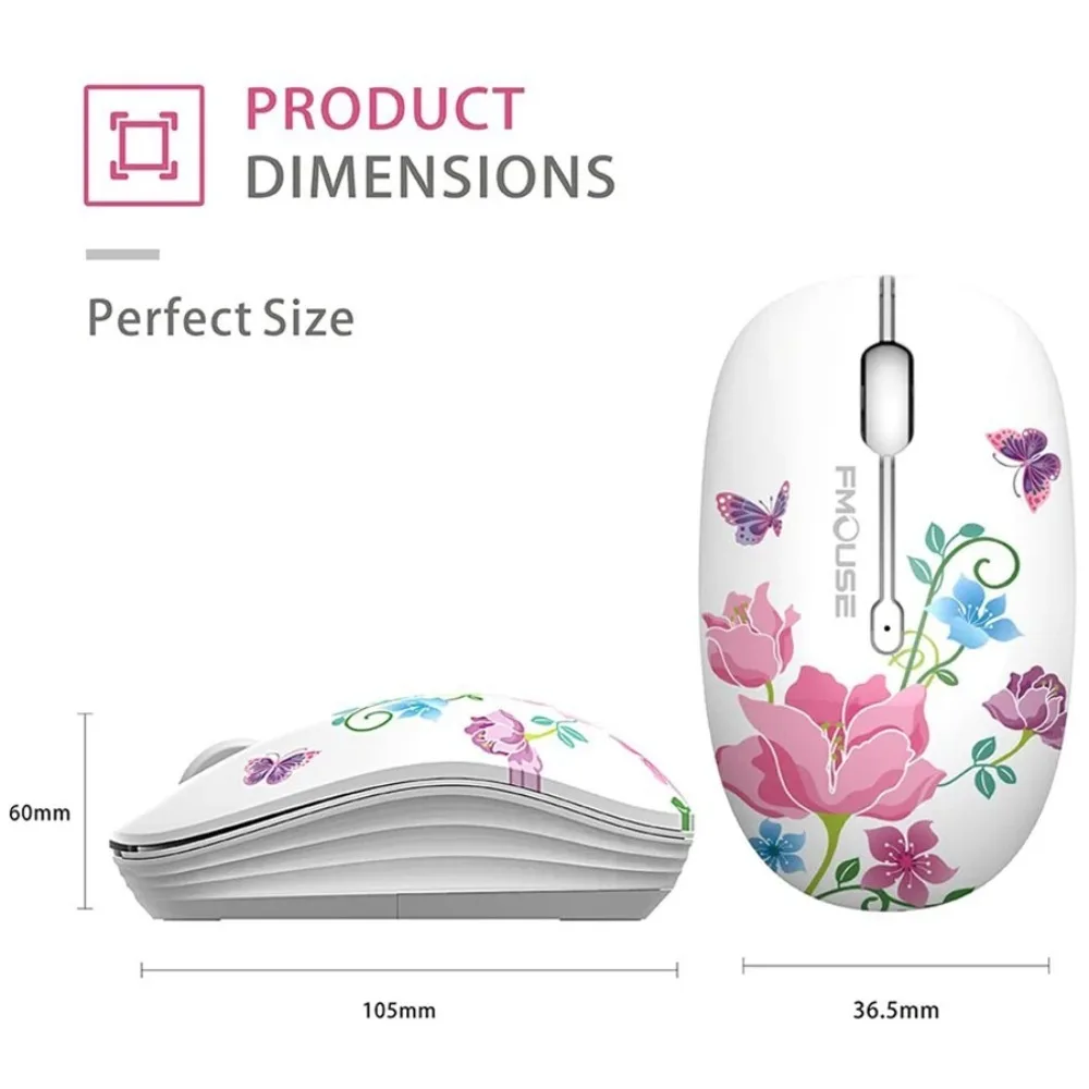 M101 2.4G Wireless Cartoon Mouse Ergonomic Silent 3 Button Optical Mice USB Receiver Cute Floral Pattern AA Battery Powered