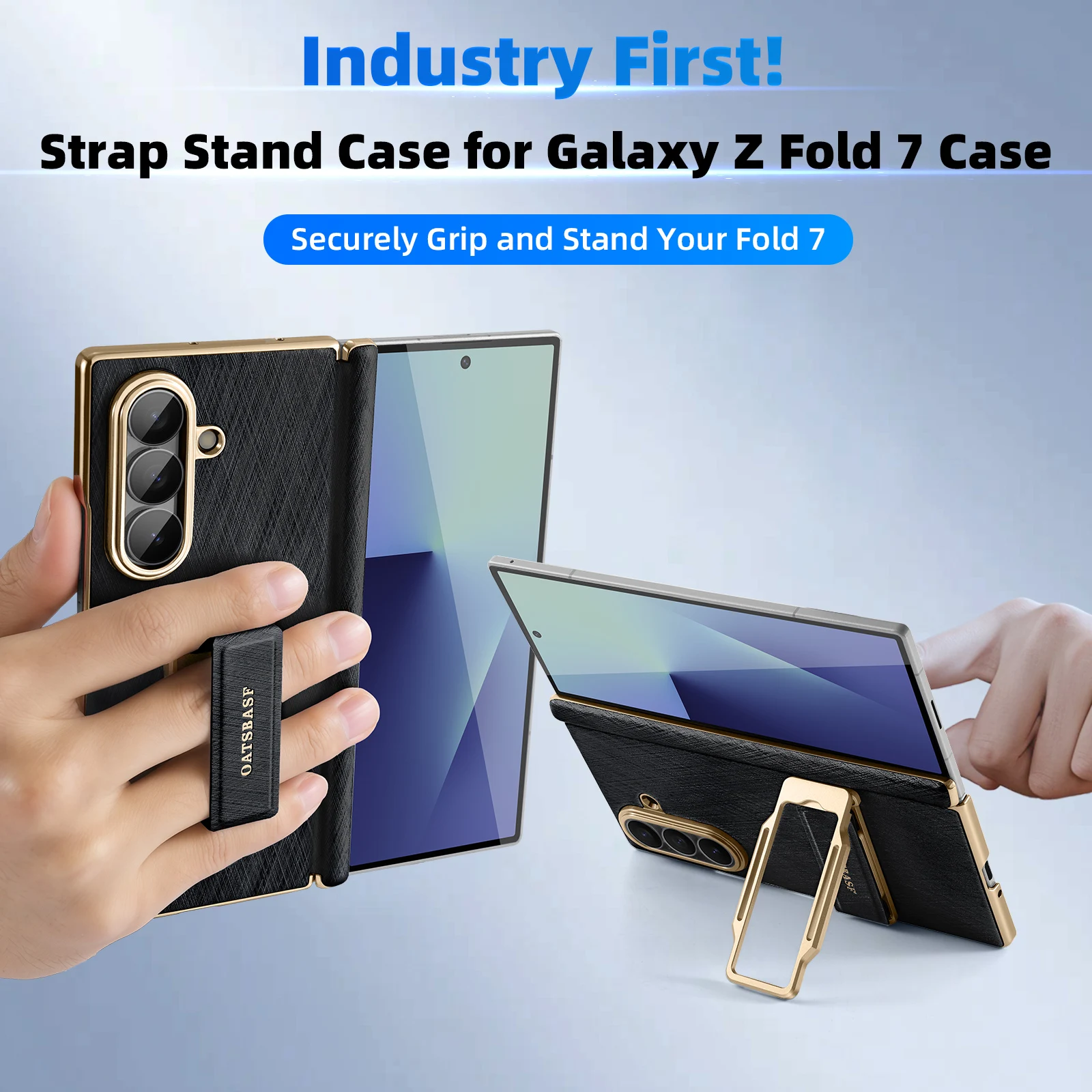 

Кожаный чехол для телефона Oatsbasf для Samsung Galaxy Fold 7 с металлической подставкой на ремешке 360° ° Вращающийся складной чехол 7, защитный чехол-бампер
