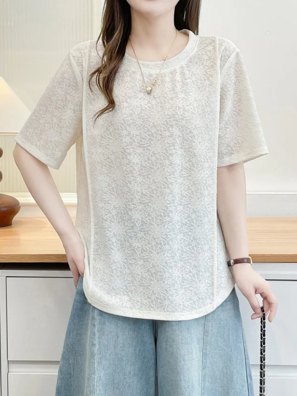 Summer Casual Lace Embroidery 3D Press Line Short Sleeve T-Shirt plus Size Loose Versatile Belly Covering Half Sleeve Top