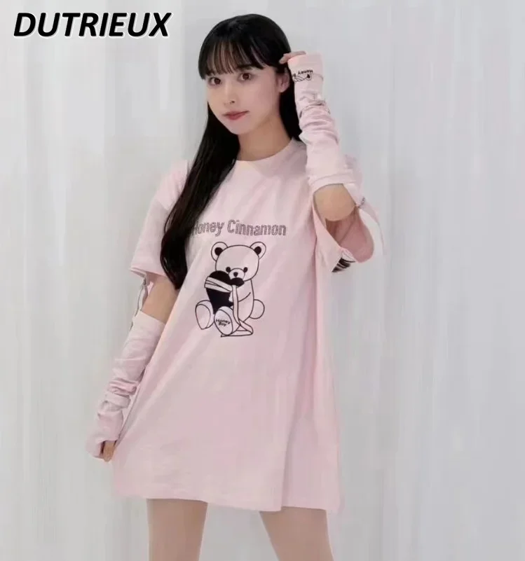 

Japanese Style Sweet and Cute Cartoon Printed Round Neck Loose Mid-Length Top and Sleeves Women's Summer New T-shirt Dress