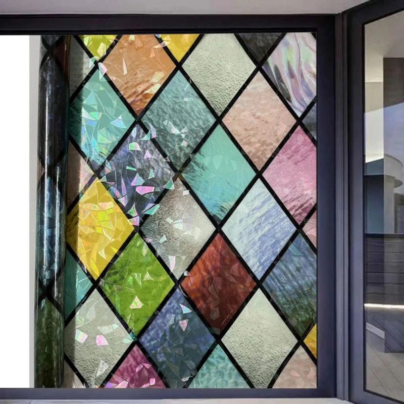 Stained Glass Window Film, Window Privacy Films, Colorful Lattice Window Tint, Rainbow Glass Decals Stickers for Home Anti UV