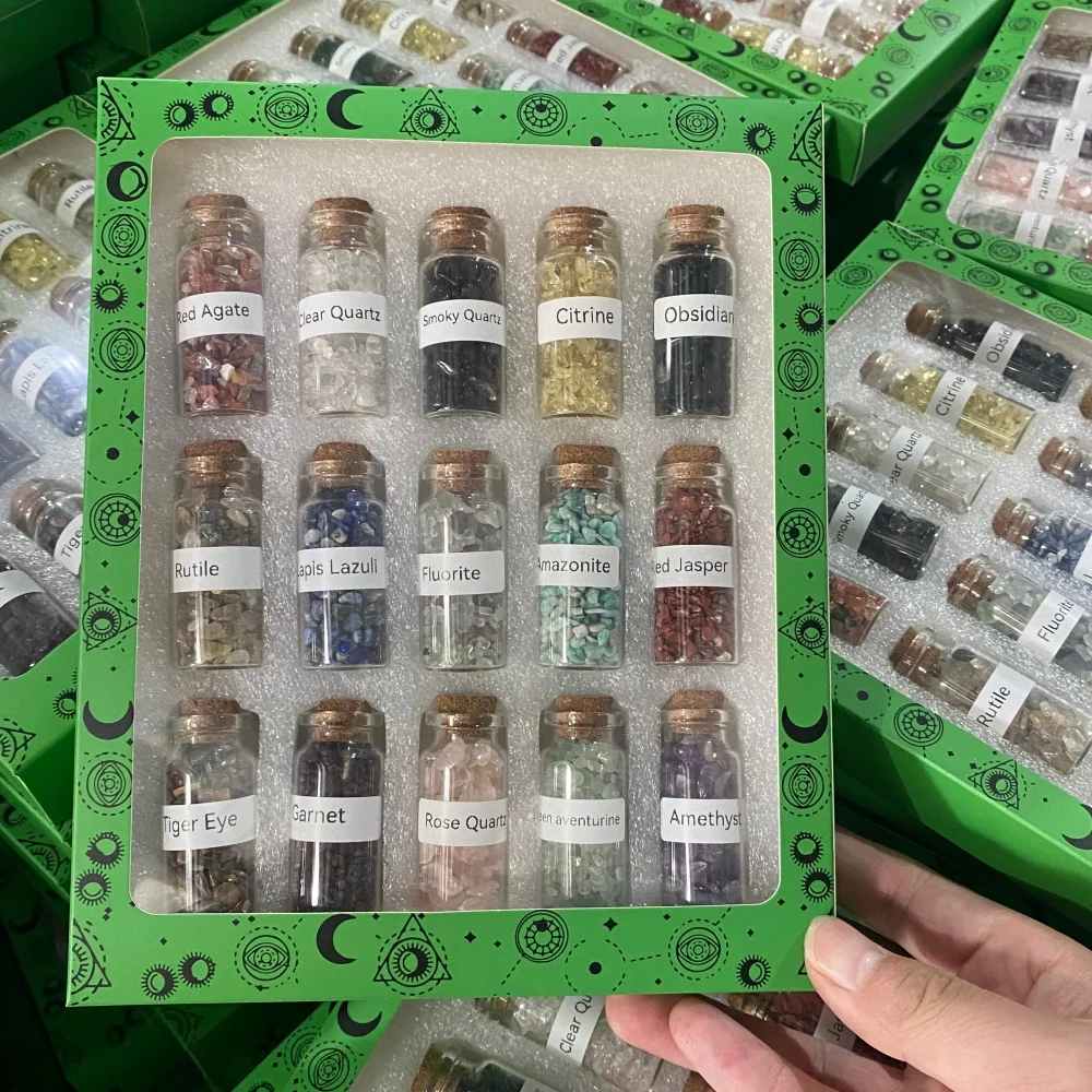 15pcs Gravel Gemstone Chip Natural Crystal Glass Wishing Bottles Healing Tumbled Gem Reiki Wicca Stones Set Box