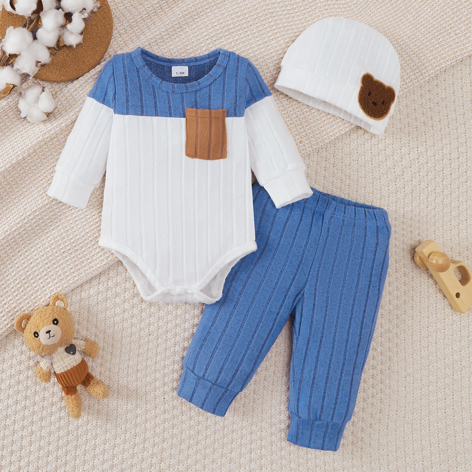 0-18 Month Newborn Baby boy Set Round neck Color Blocked Bodysuit+Pants+Hat Comfortable 3Pcs/set for baby boy spring  autumn Set