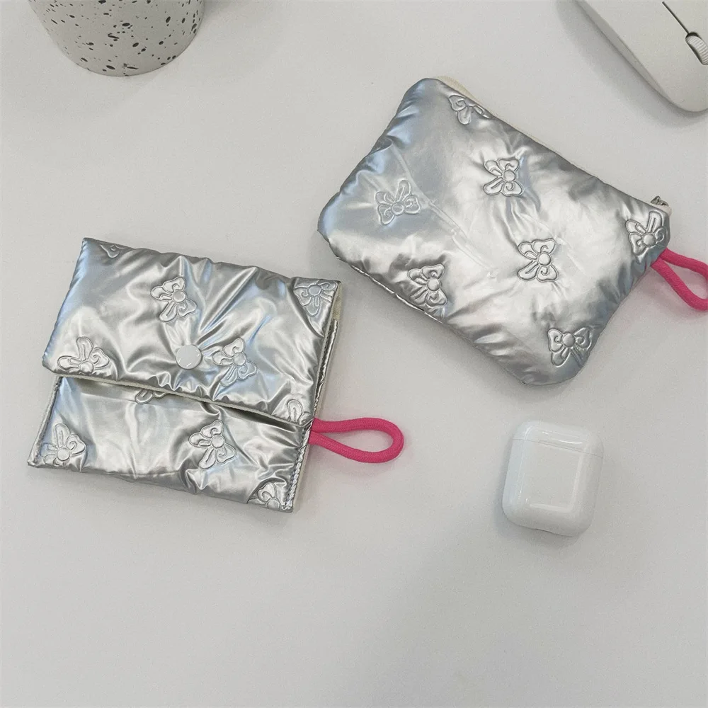 Cute Silver Clutch Bag For Women Coin Bag Coin Purse Wallet Mini Makeup Bags Pouch Key Lipstick Earphone Data Cable Storage Bag