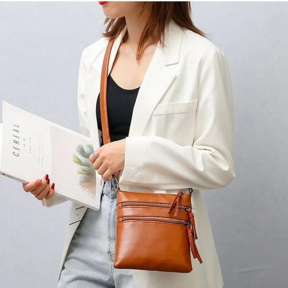 Bolsa para celular com zíper, couro macio, 3 camadas, bolsa de ombro único, grande capacidade, couro pu, bolsa mensageiro para mulheres, compras