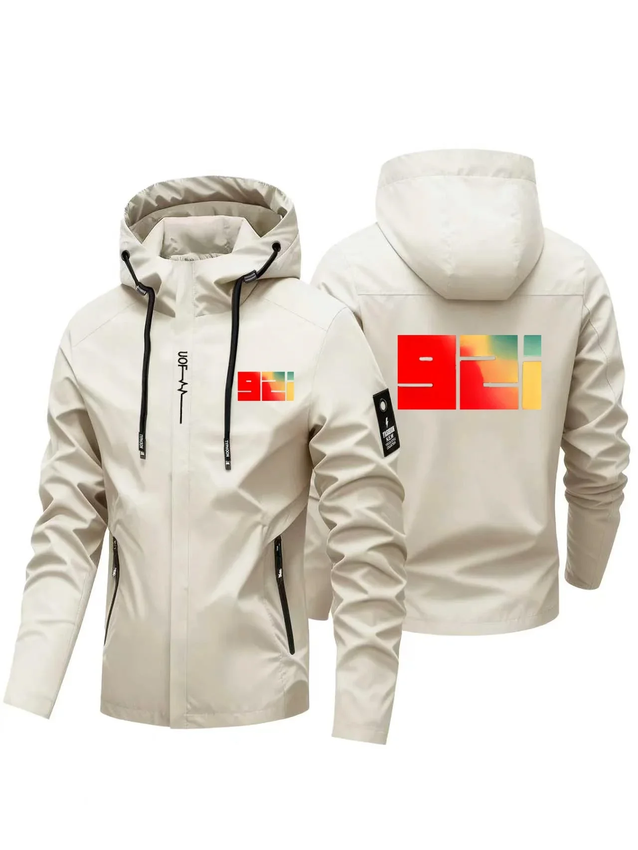 Men's Autumn-Winter Windproof Hooded Jacket, Solid Color Full-Zip Coat with Gradient Digital Print Outdoor Hiking Fashion Jacket