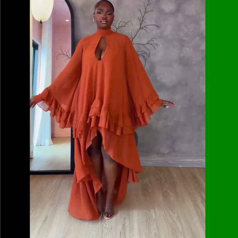 Customized Burnt Orange Chiffon Evening Dress High Neck Keyhole Ruffle Bell Sleeve High Low Formal Party Gown